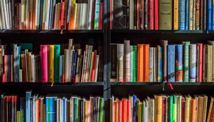 Livros em uma estante com várias prateleiras